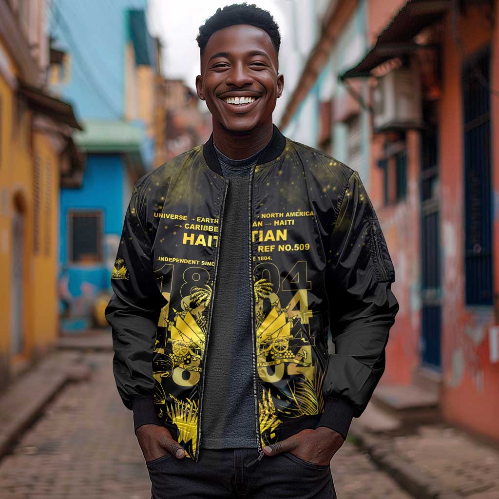Haiti 1804 Sleeve Zip Bomber Jacket Gold Tropical Leaves And Coat Of Arms - African Pride
