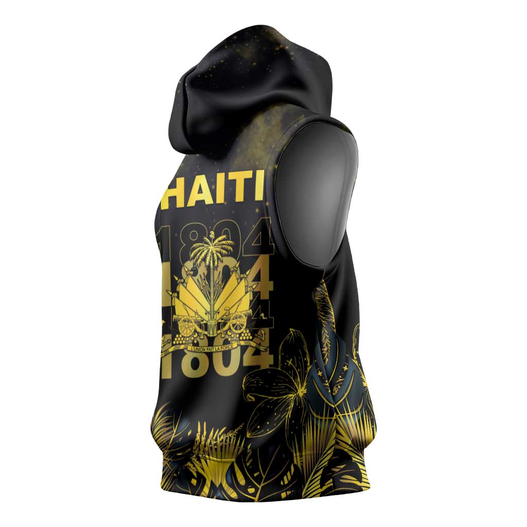 Haiti 1804 Sleeveless Hoodie Gold Tropical Leaves And Coat Of Arms - African Pride
