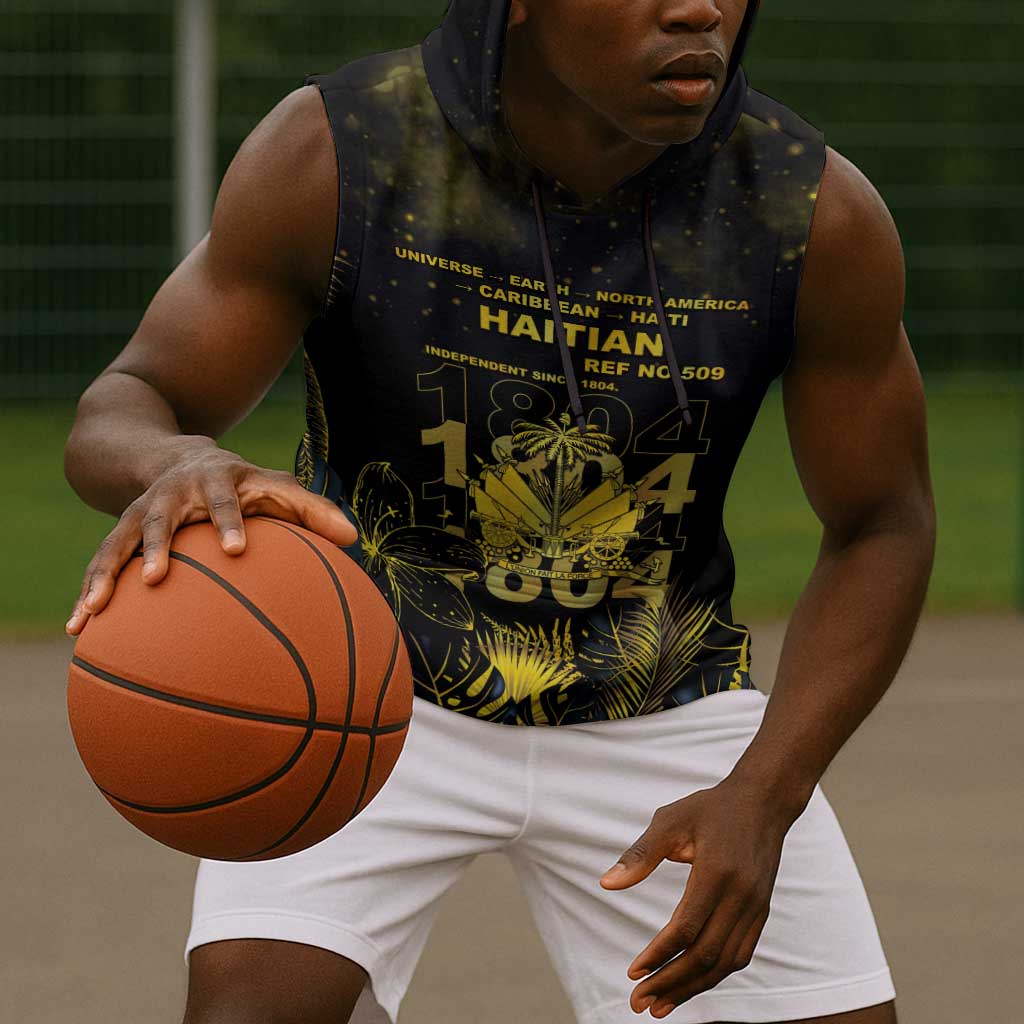 Haiti 1804 Sleeveless Hoodie Gold Tropical Leaves And Coat Of Arms - African Pride