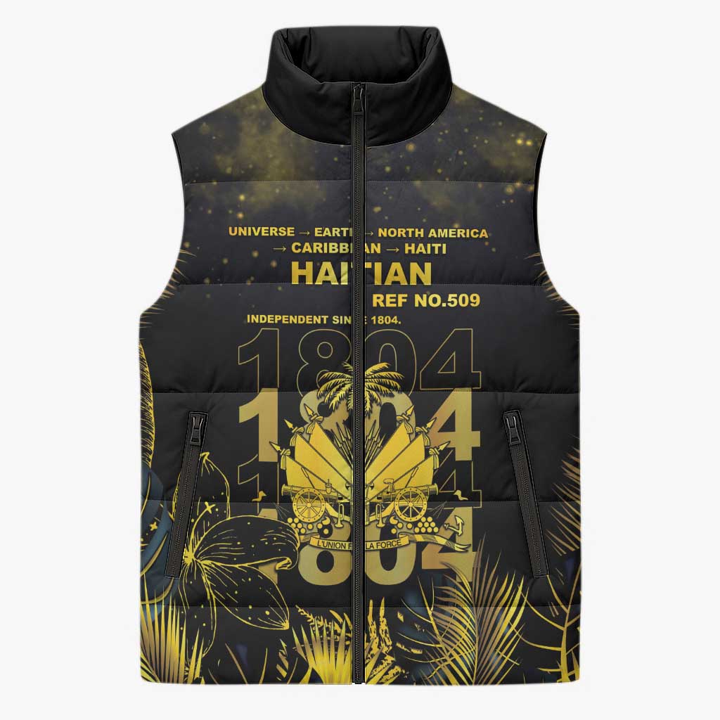 Haiti 1804 Sleeveless Puffer Jacket Gold Tropical Leaves And Coat Of Arms