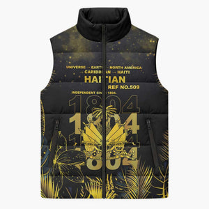 Haiti 1804 Sleeveless Puffer Jacket Gold Tropical Leaves And Coat Of Arms