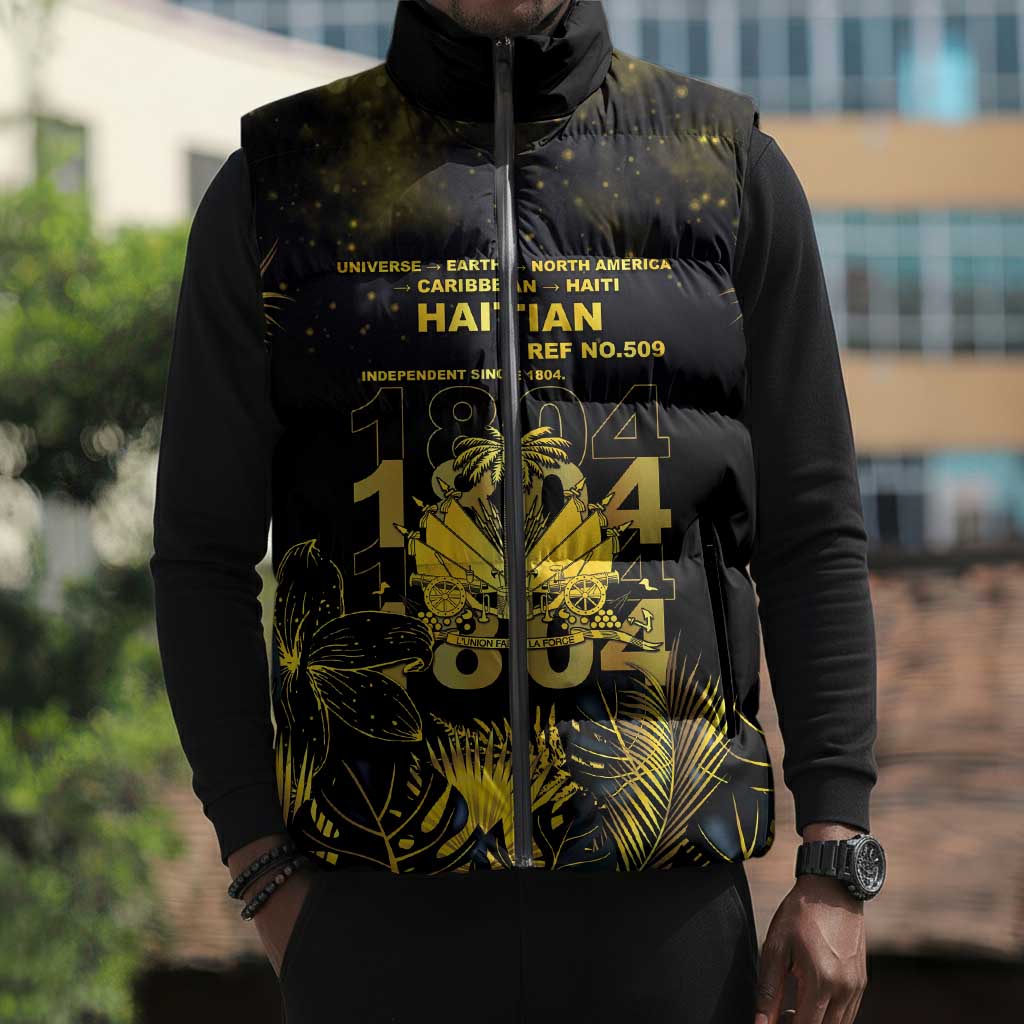 Haiti 1804 Sleeveless Puffer Jacket Gold Tropical Leaves And Coat Of Arms