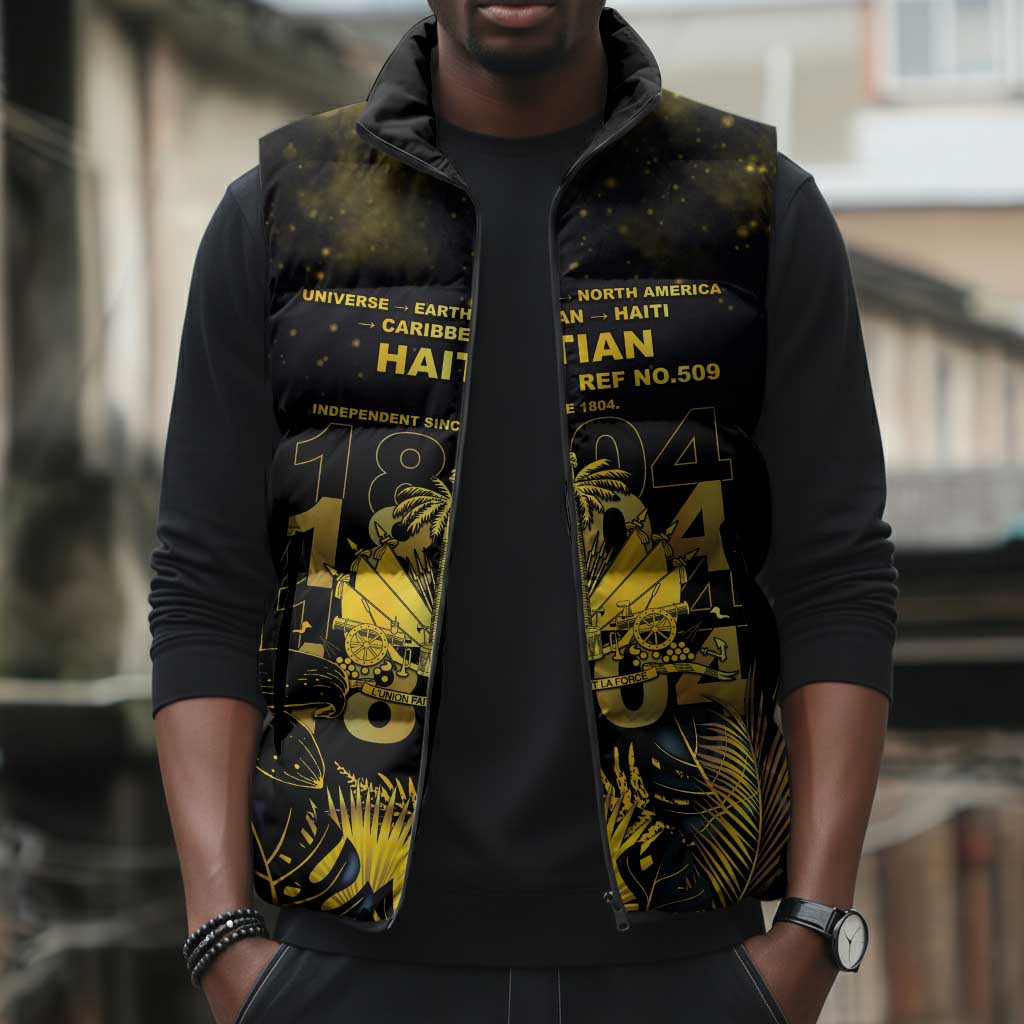 Haiti 1804 Sleeveless Puffer Jacket Gold Tropical Leaves And Coat Of Arms