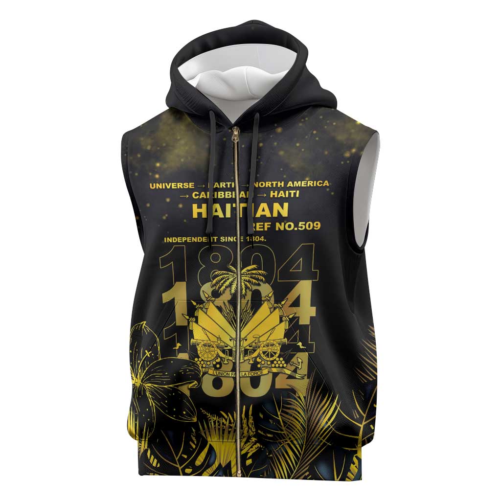 Haiti 1804 Sleeveless Zip Hoodie Gold Tropical Leaves And Coat Of Arms - African Pride