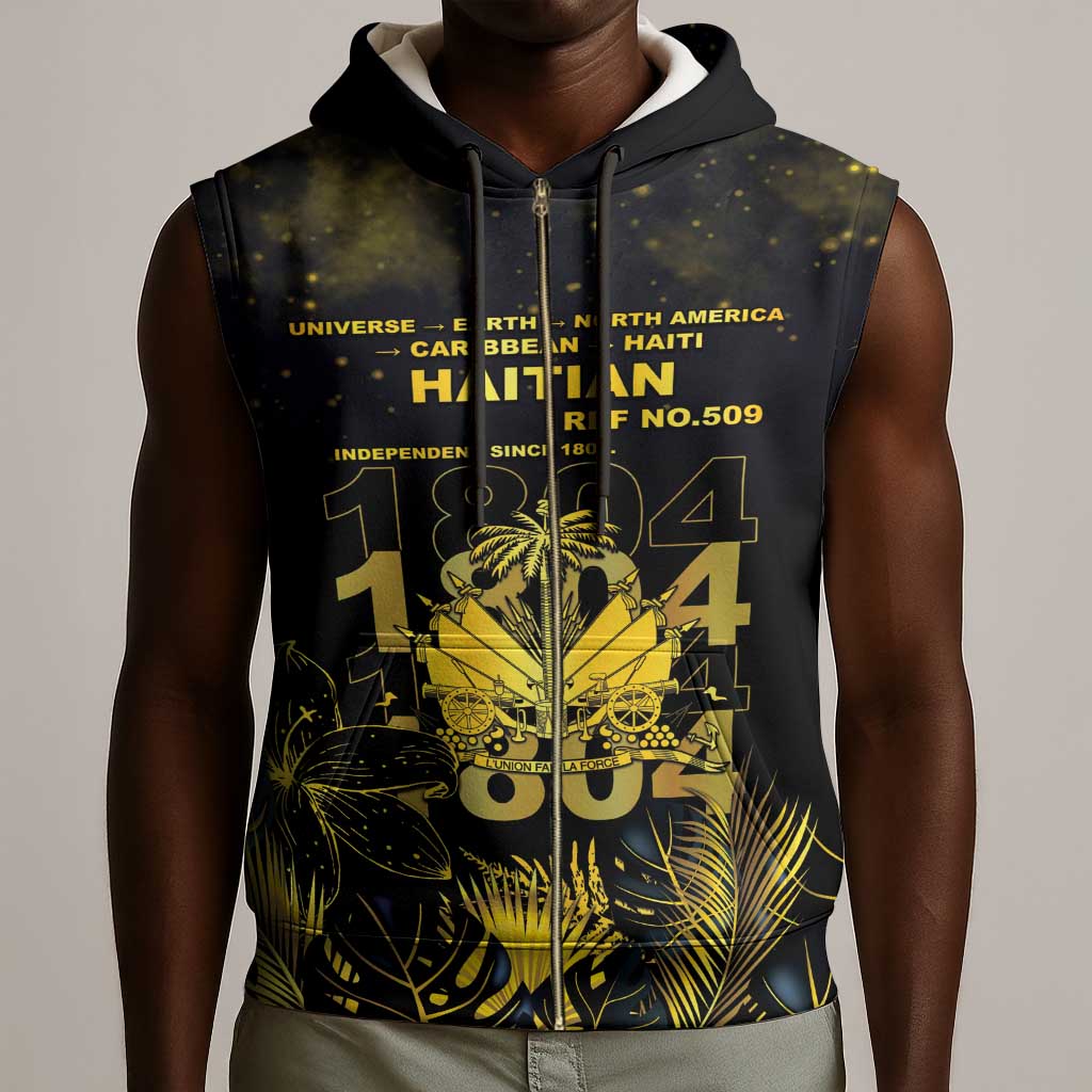 Haiti 1804 Sleeveless Zip Hoodie Gold Tropical Leaves And Coat Of Arms - African Pride