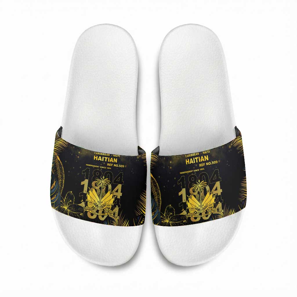 Haiti 1804 Slide Sandals Gold Tropical Leaves And Coat Of Arms