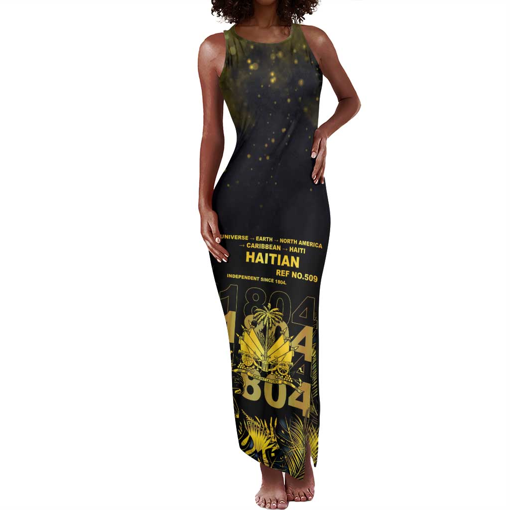 Haiti 1804 Tank Maxi Dress Gold Tropical Leaves And Coat Of Arms - African Pride