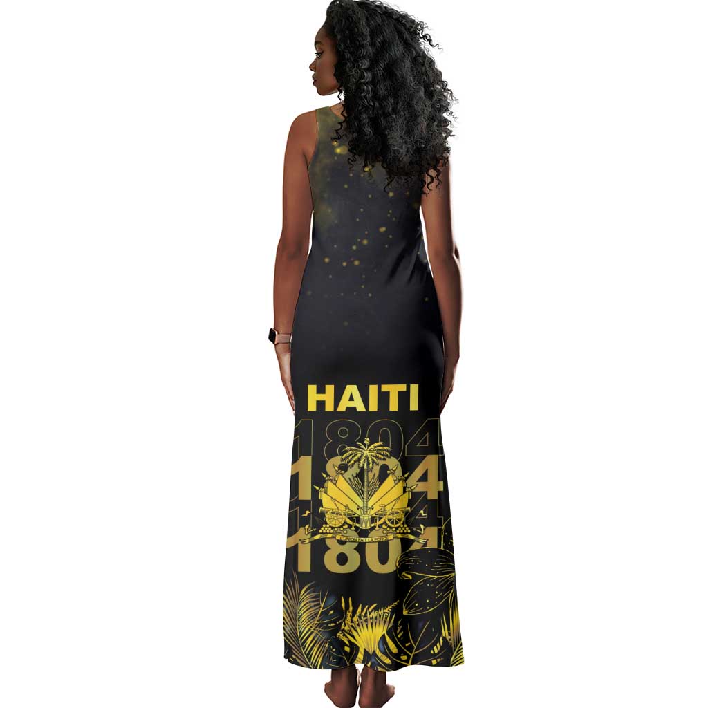 Haiti 1804 Tank Maxi Dress Gold Tropical Leaves And Coat Of Arms - African Pride