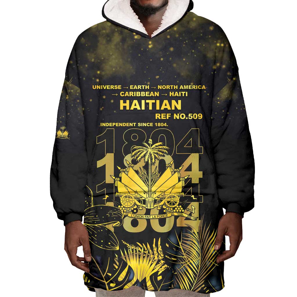 Haiti 1804 Wearable Blanket Hoodie Gold Tropical Leaves And Coat Of Arms - African Pride