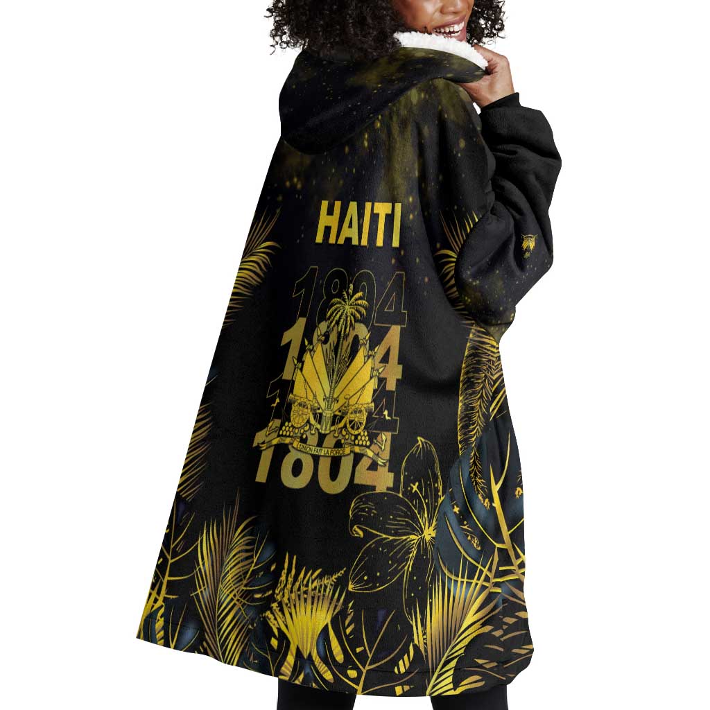 Haiti 1804 Wearable Blanket Hoodie Gold Tropical Leaves And Coat Of Arms - African Pride