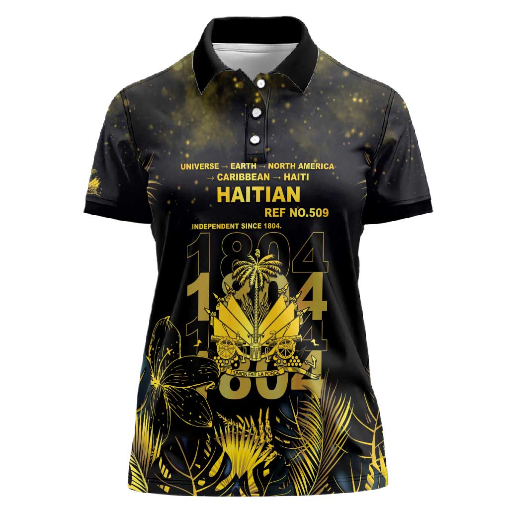 Haiti 1804 Women Polo Shirt Gold Tropical Leaves And Coat Of Arms - African Pride