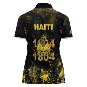 Haiti 1804 Women Polo Shirt Gold Tropical Leaves And Coat Of Arms - African Pride