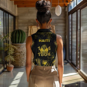 Haiti 1804 Women Sleeveless Polo Shirt Gold Tropical Leaves And Coat Of Arms - African Pride