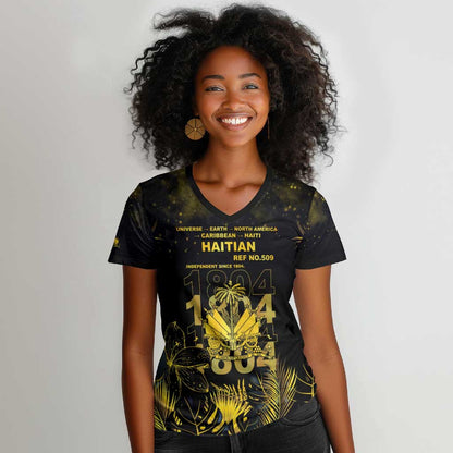 Haiti 1804 Women V-Neck T-Shirt Gold Tropical Leaves And Coat Of Arms - African Pride