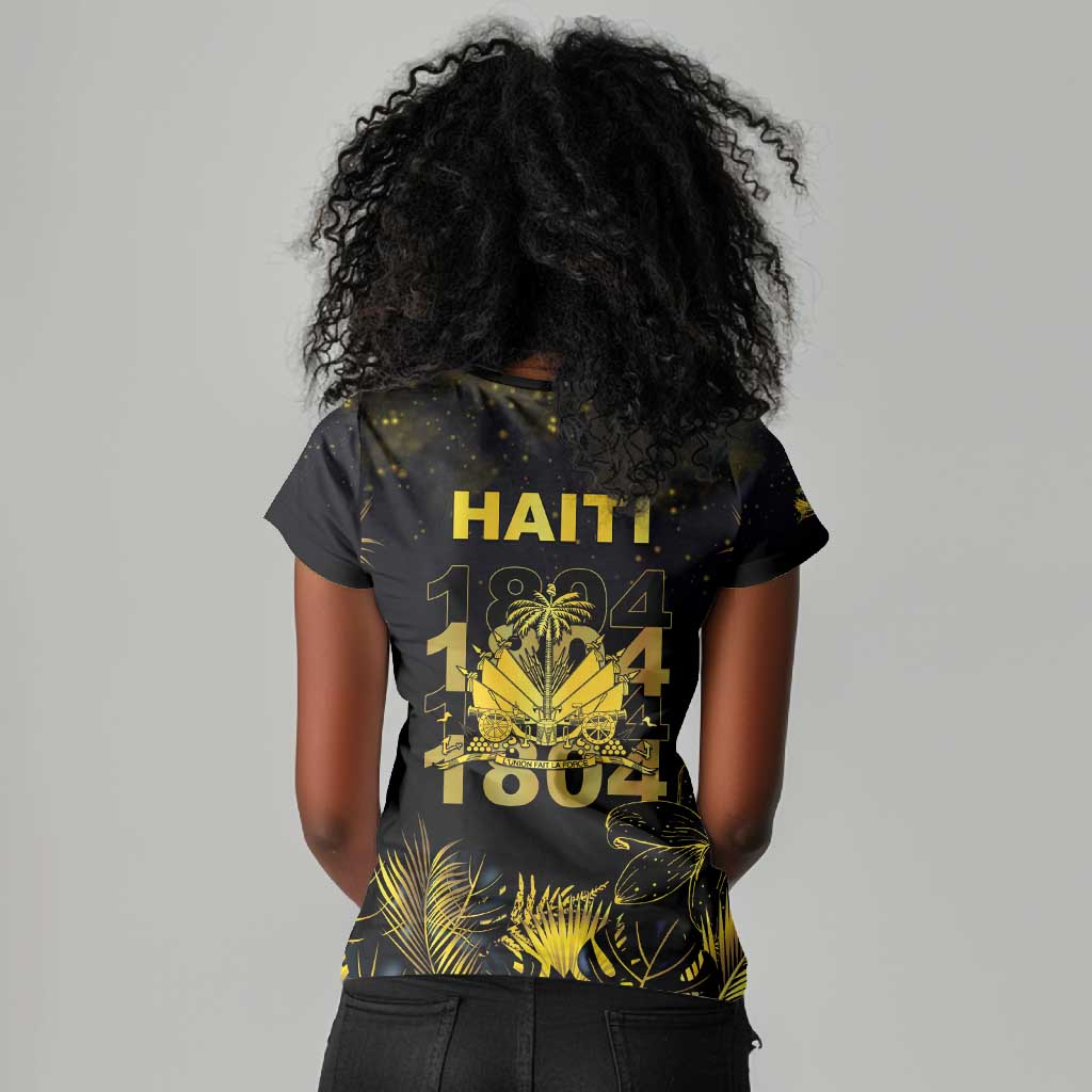 Haiti 1804 Women V-Neck T-Shirt Gold Tropical Leaves And Coat Of Arms - African Pride