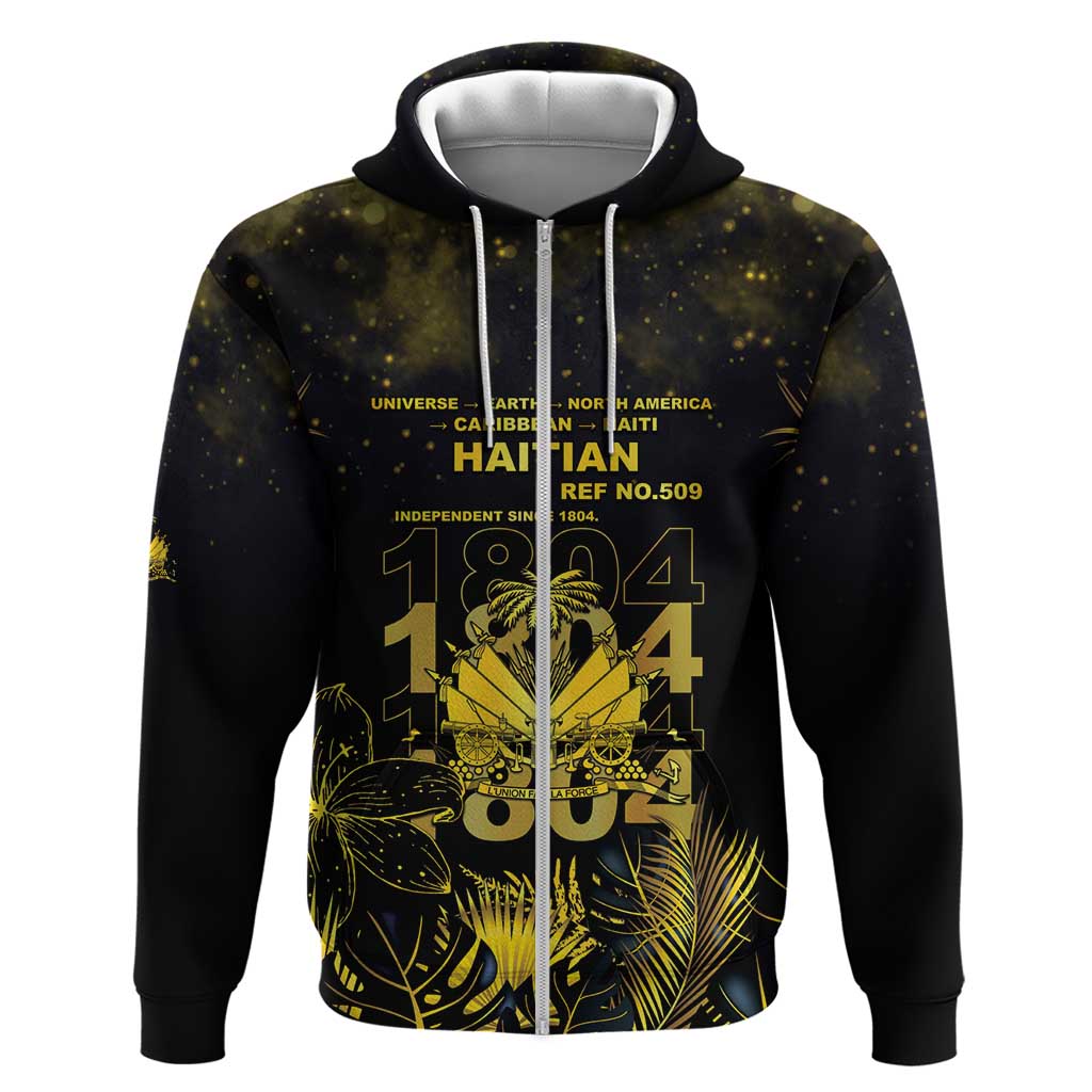 Haiti 1804 Zip Hoodie Gold Tropical Leaves And Coat Of Arms - African Pride