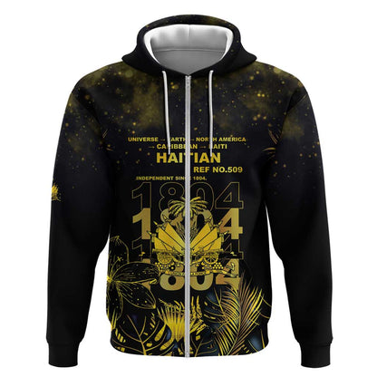 Haiti 1804 Zip Hoodie Gold Tropical Leaves And Coat Of Arms - African Pride