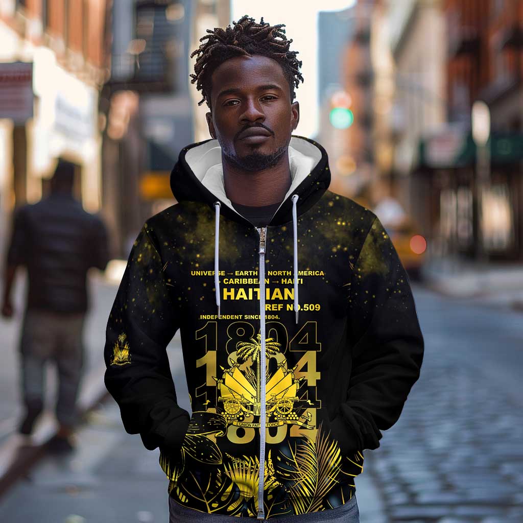 Haiti 1804 Zip Hoodie Gold Tropical Leaves And Coat Of Arms - African Pride