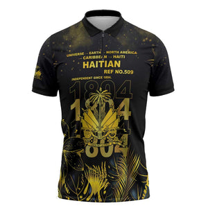 Haiti 1804 Zipper Polo Shirt Gold Tropical Leaves And Coat Of Arms