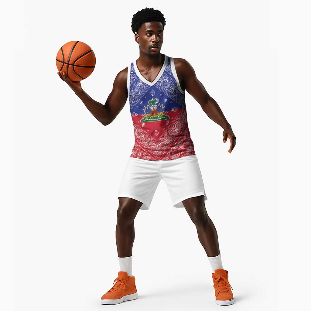 Afro Haiti Paisley Basketball Jersey Haitian Flag Bandana Style - African Pride