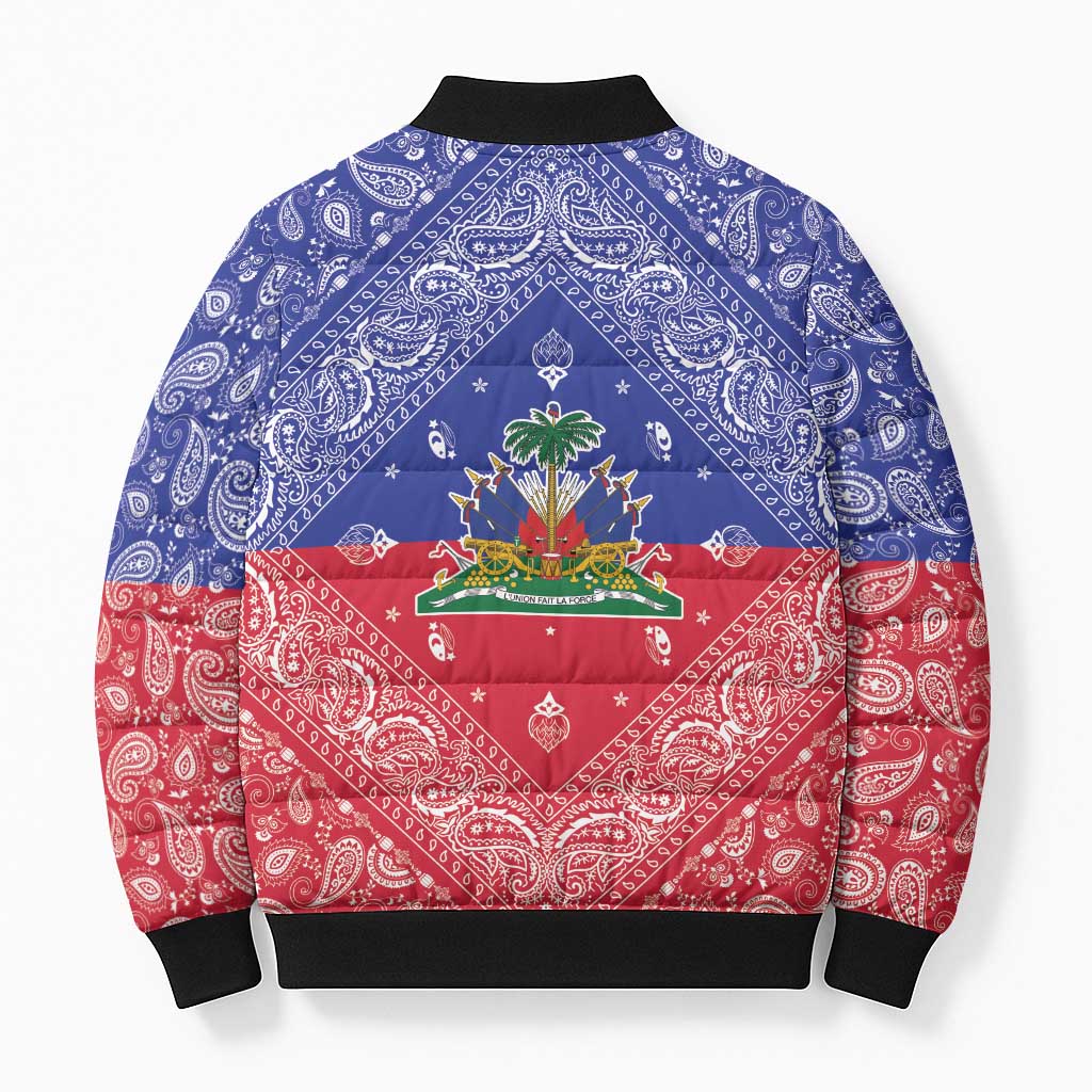Afro Haiti Paisley Bomber Puffer Jacket Haitian Flag Bandana Style