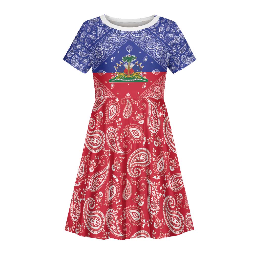 Afro Haiti Paisley Kid Short Sleeve Dress Haitian Flag Bandana Style - African Pride