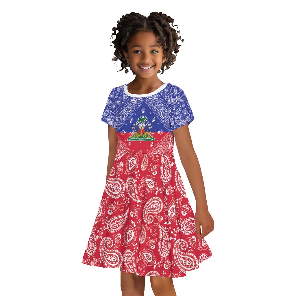 Afro Haiti Paisley Kid Short Sleeve Dress Haitian Flag Bandana Style - African Pride