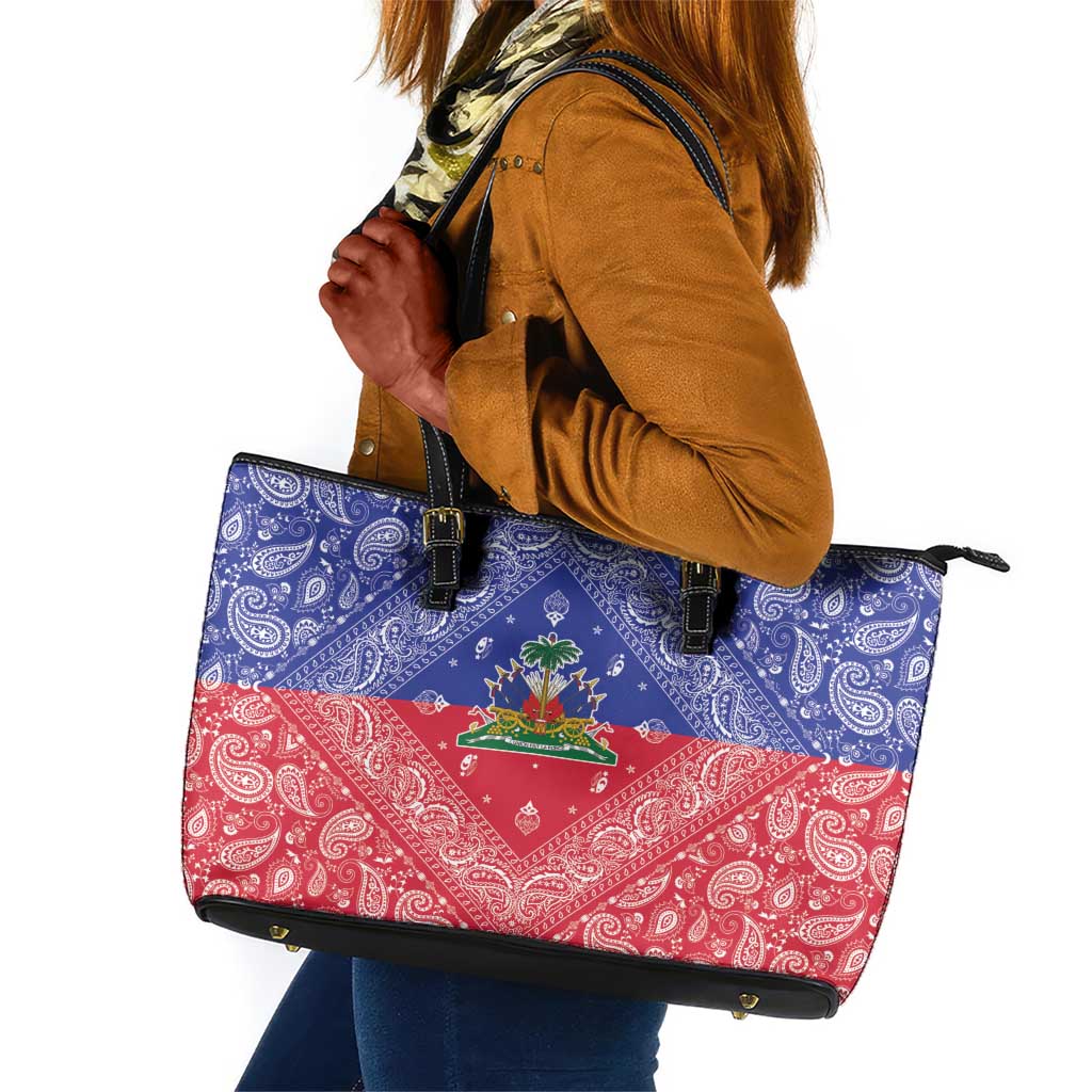 Afro Haiti Paisley Leather Tote Bag Haitian Flag Bandana Style - African Pride