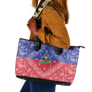 Afro Haiti Paisley Leather Tote Bag Haitian Flag Bandana Style - African Pride