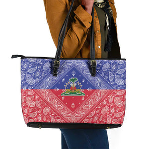 Afro Haiti Paisley Leather Tote Bag Haitian Flag Bandana Style - African Pride