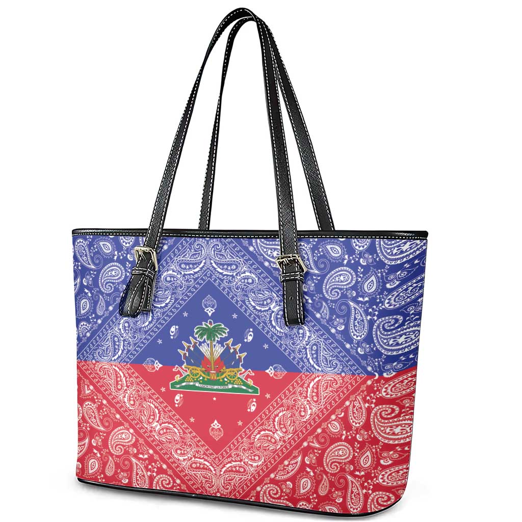 Afro Haiti Paisley Leather Tote Bag Haitian Flag Bandana Style - African Pride