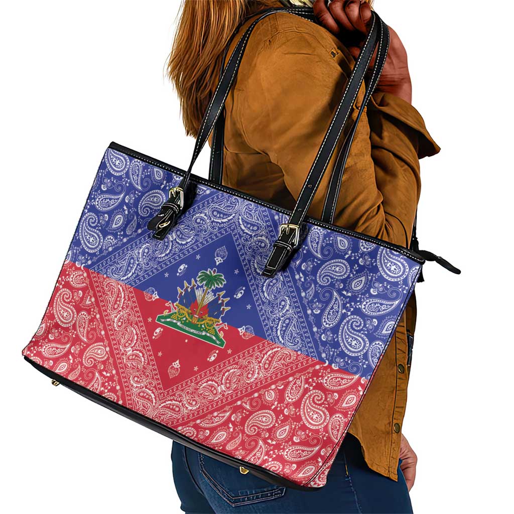 Afro Haiti Paisley Leather Tote Bag Haitian Flag Bandana Style - African Pride