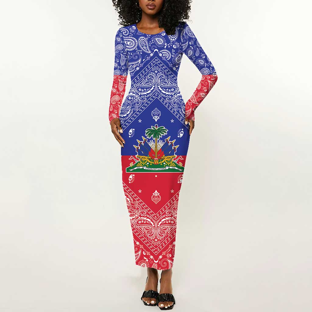 Afro Haiti Paisley Long Sleeve Bodycon Dress Haitian Flag Bandana Style - African Pride