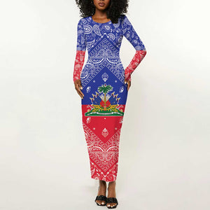 Afro Haiti Paisley Long Sleeve Bodycon Dress Haitian Flag Bandana Style - African Pride