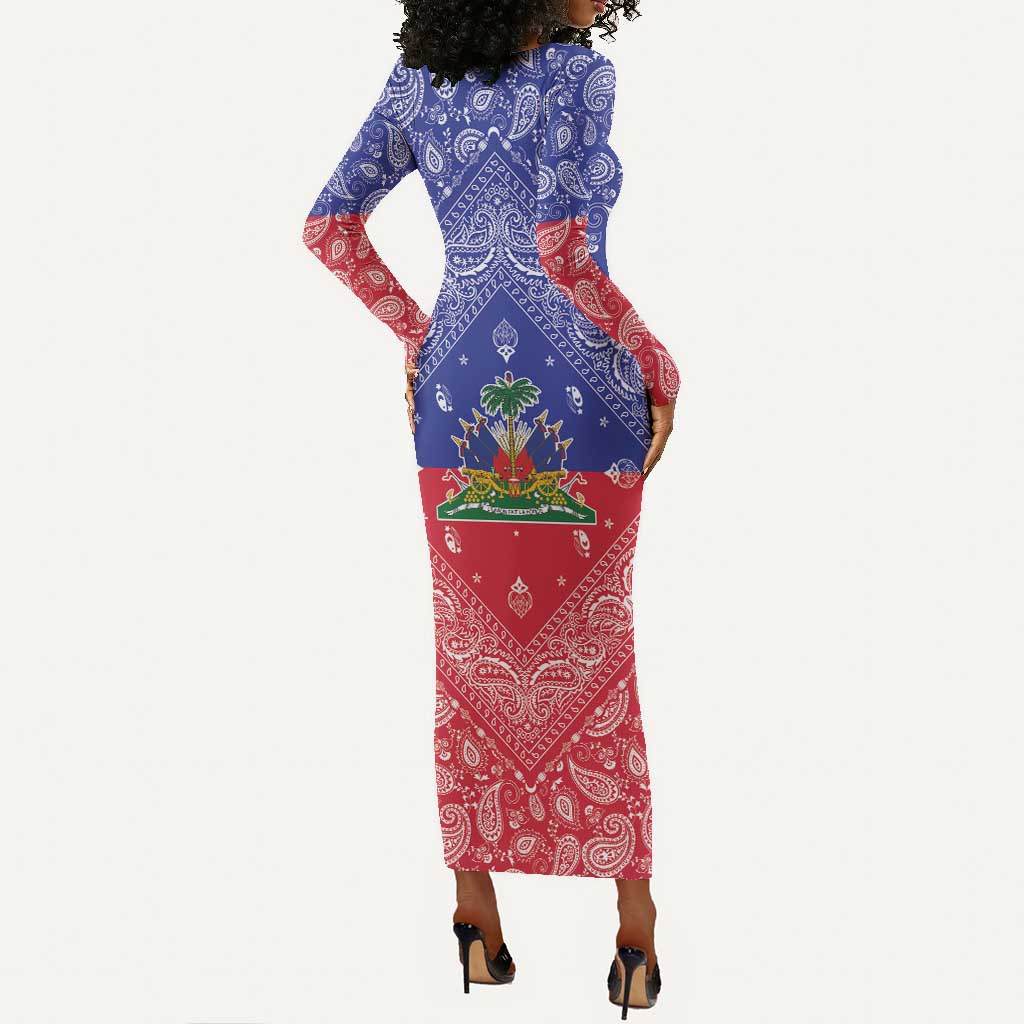 Afro Haiti Paisley Long Sleeve Bodycon Dress Haitian Flag Bandana Style - African Pride