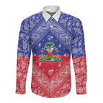 Afro Haiti Paisley Long Sleeve Button Shirt Haitian Flag Bandana Style - African Pride
