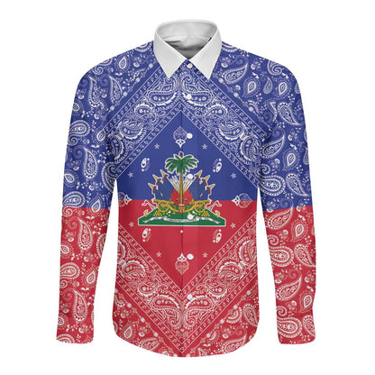 Afro Haiti Paisley Long Sleeve Button Shirt Haitian Flag Bandana Style - African Pride