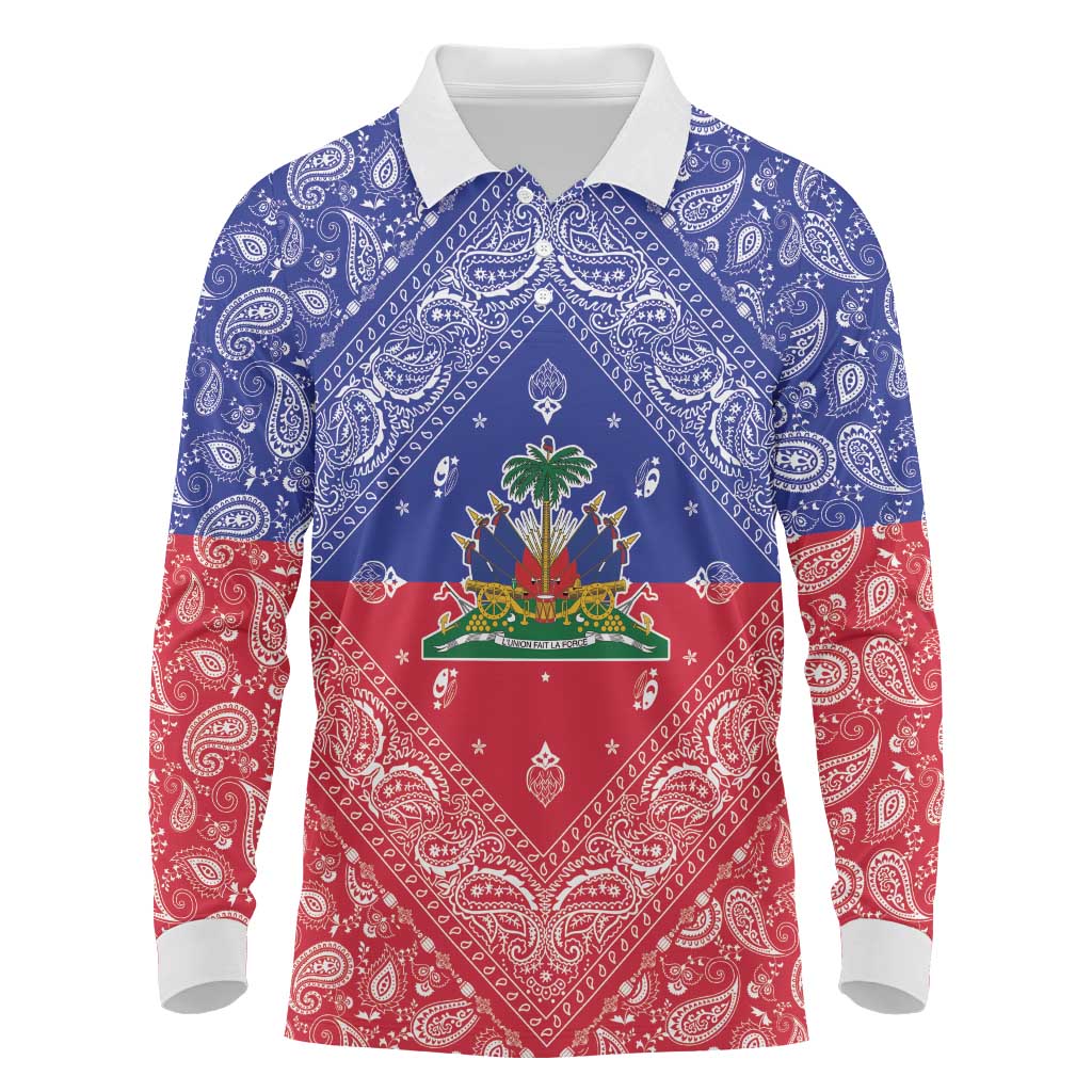 Afro Haiti Paisley Long Sleeve Polo Shirt Haitian Flag Bandana Style - African Pride