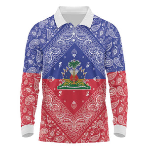 Afro Haiti Paisley Long Sleeve Polo Shirt Haitian Flag Bandana Style - African Pride