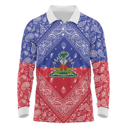 Afro Haiti Paisley Long Sleeve Polo Shirt Haitian Flag Bandana Style - African Pride