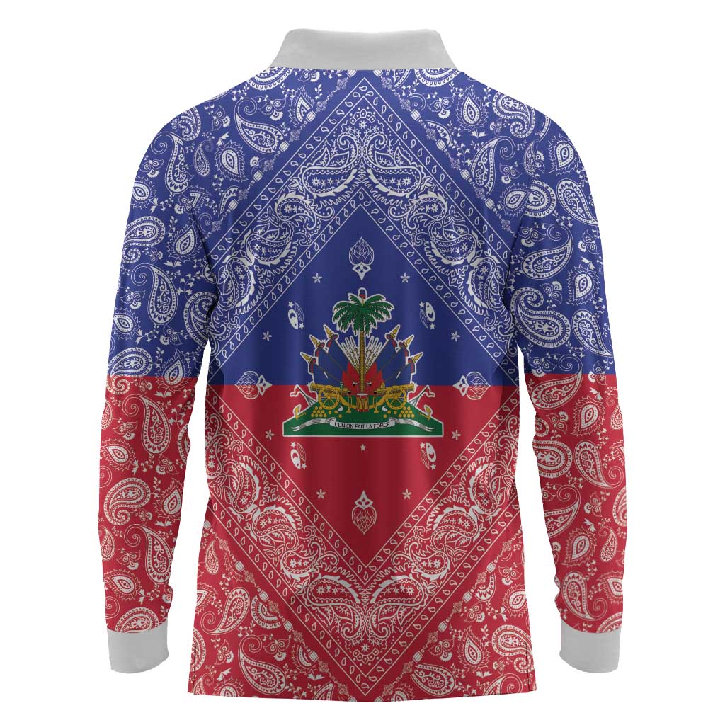 Afro Haiti Paisley Long Sleeve Polo Shirt Haitian Flag Bandana Style - African Pride
