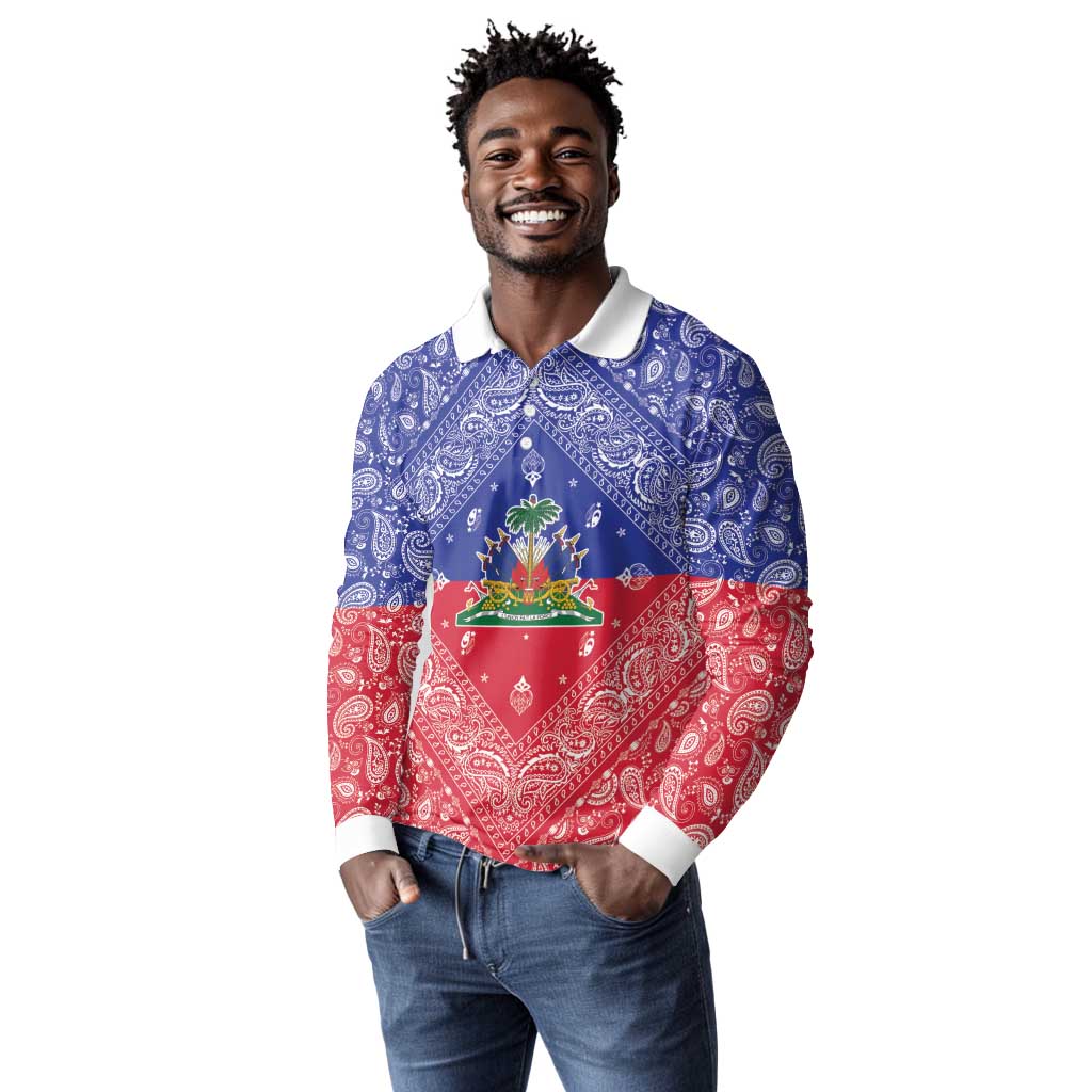 Afro Haiti Paisley Long Sleeve Polo Shirt Haitian Flag Bandana Style - African Pride