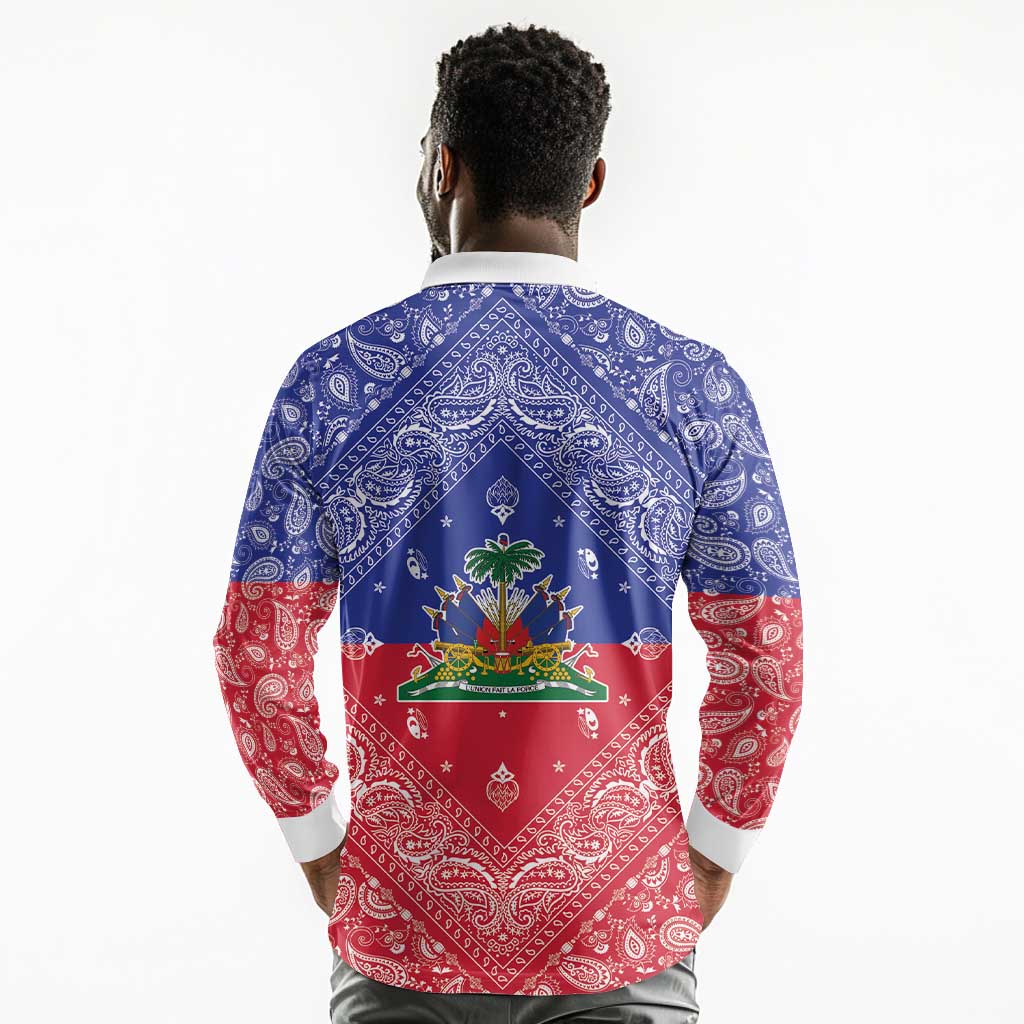 Afro Haiti Paisley Long Sleeve Polo Shirt Haitian Flag Bandana Style - African Pride