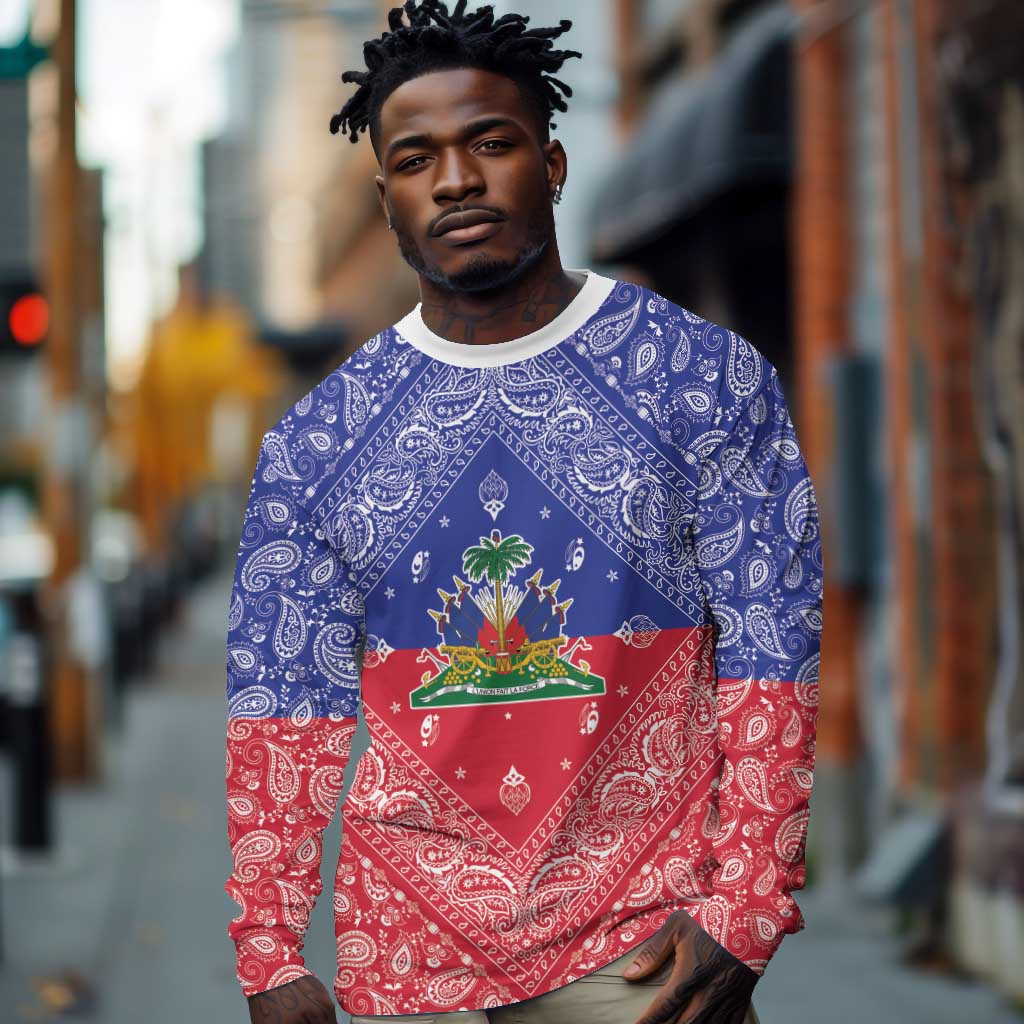 Afro Haiti Paisley Long Sleeve Shirt Haitian Flag Bandana Style - African Pride