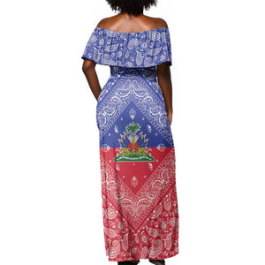 Afro Haiti Paisley Off Shoulder Maxi Dress Haitian Flag Bandana Style - African Pride