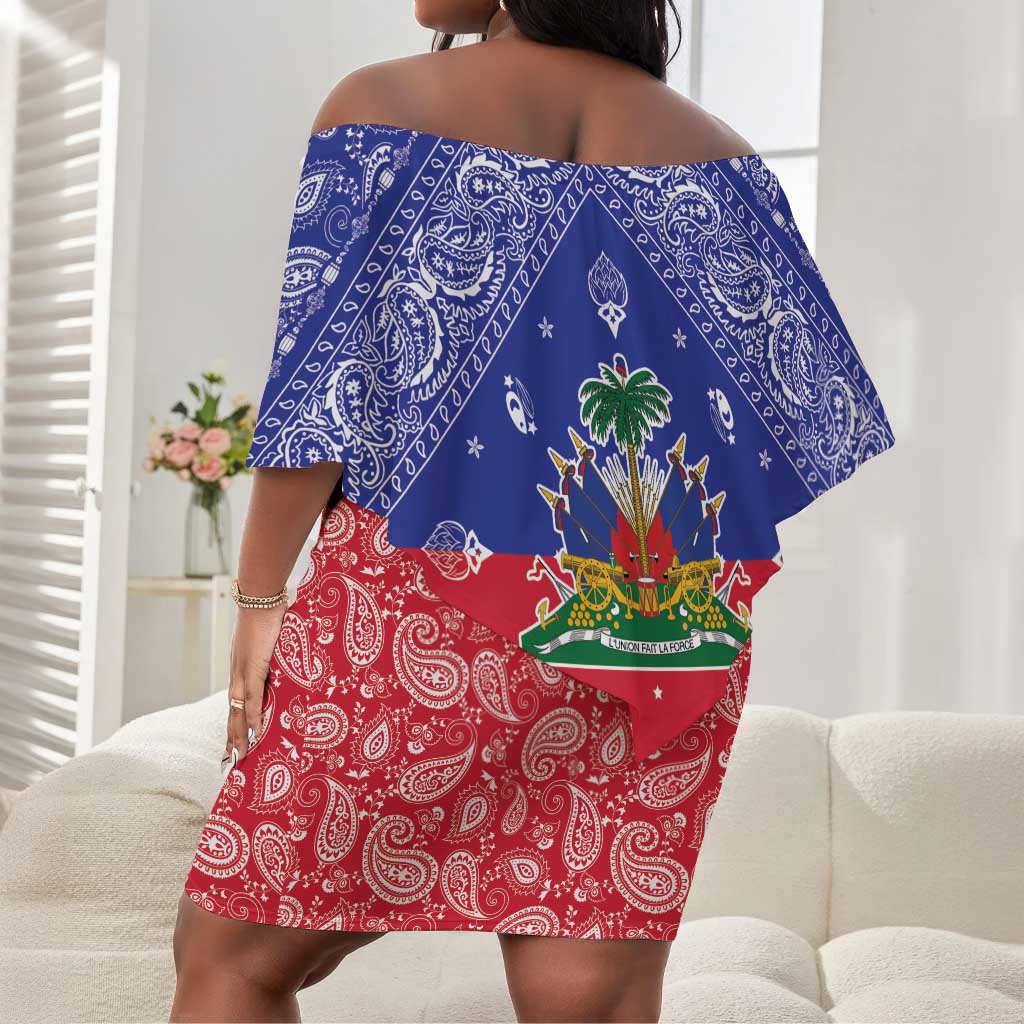 Afro Haiti Paisley Off Shoulder Short Dress Haitian Flag Bandana Style - African Pride
