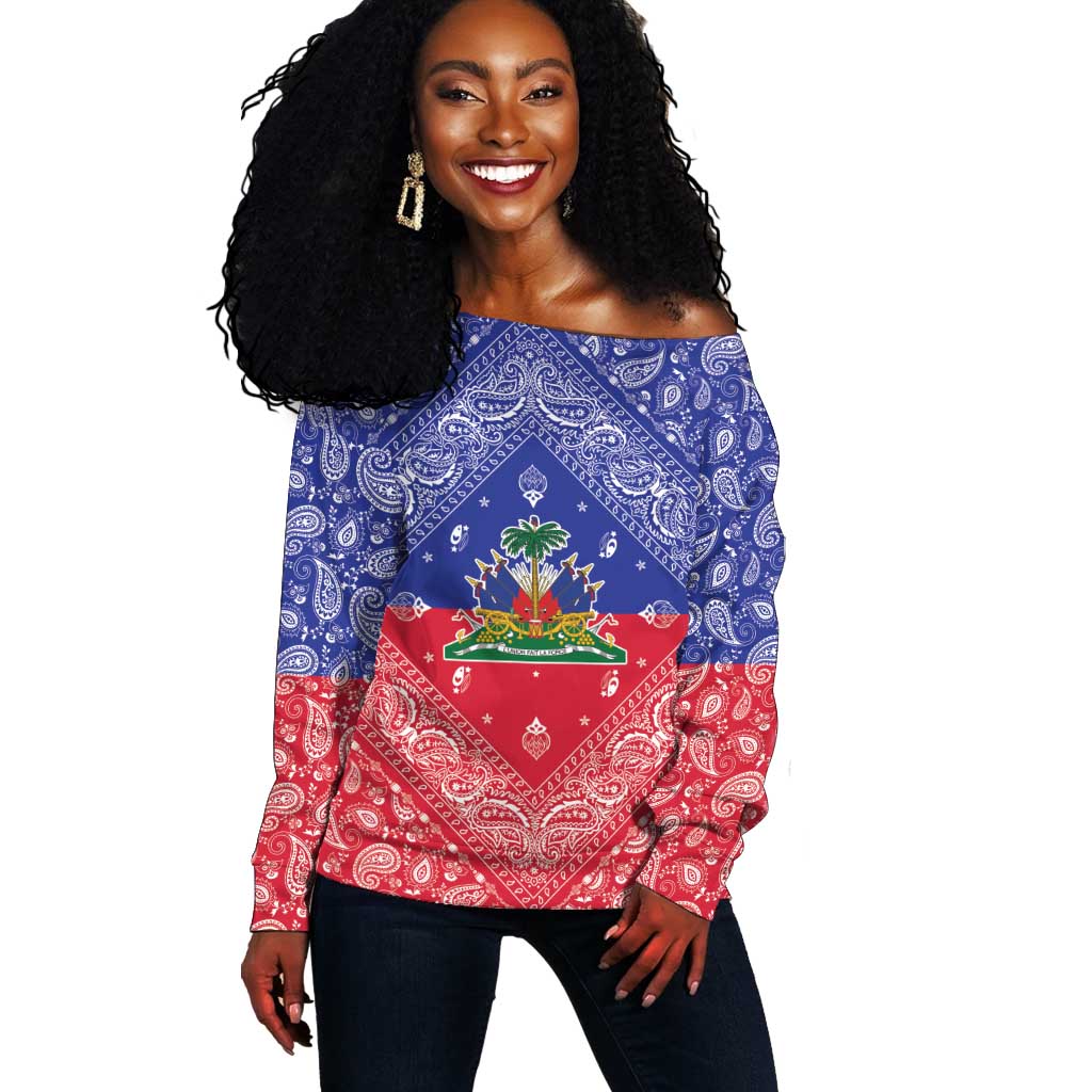 Afro Haiti Paisley Off Shoulder Sweater Haitian Flag Bandana Style - African Pride