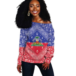 Afro Haiti Paisley Off Shoulder Sweater Haitian Flag Bandana Style - African Pride