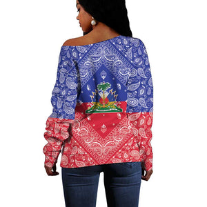 Afro Haiti Paisley Off Shoulder Sweater Haitian Flag Bandana Style - African Pride