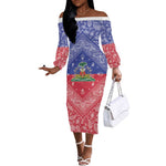 Afro Haiti Paisley Off The Shoulder Long Sleeve Dress Haitian Flag Bandana Style - African Pride